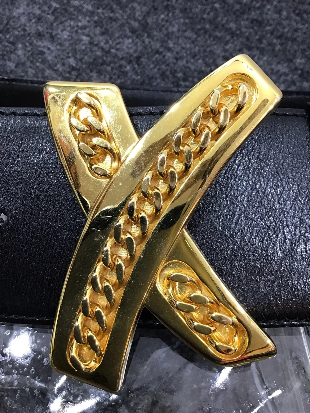 Vintage Paloma Picasso Italy wide black leather belt gold chain X buckle L